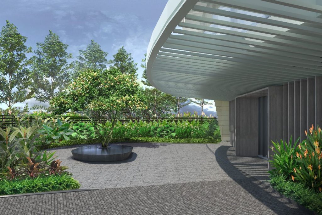Landscaped outdoor garden area at Shang Residences at Wack Wack with covered walkway and lush greenery
