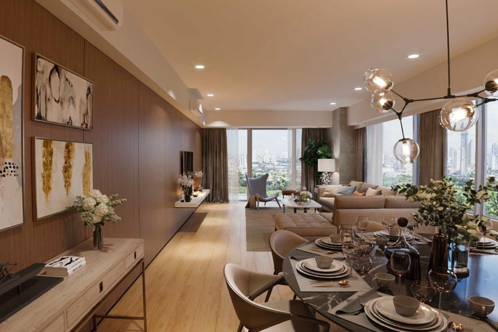 Spacious living and dining area at Shang Residences at Wack Wack featuring premium finishes, large windows, and panoramic city views